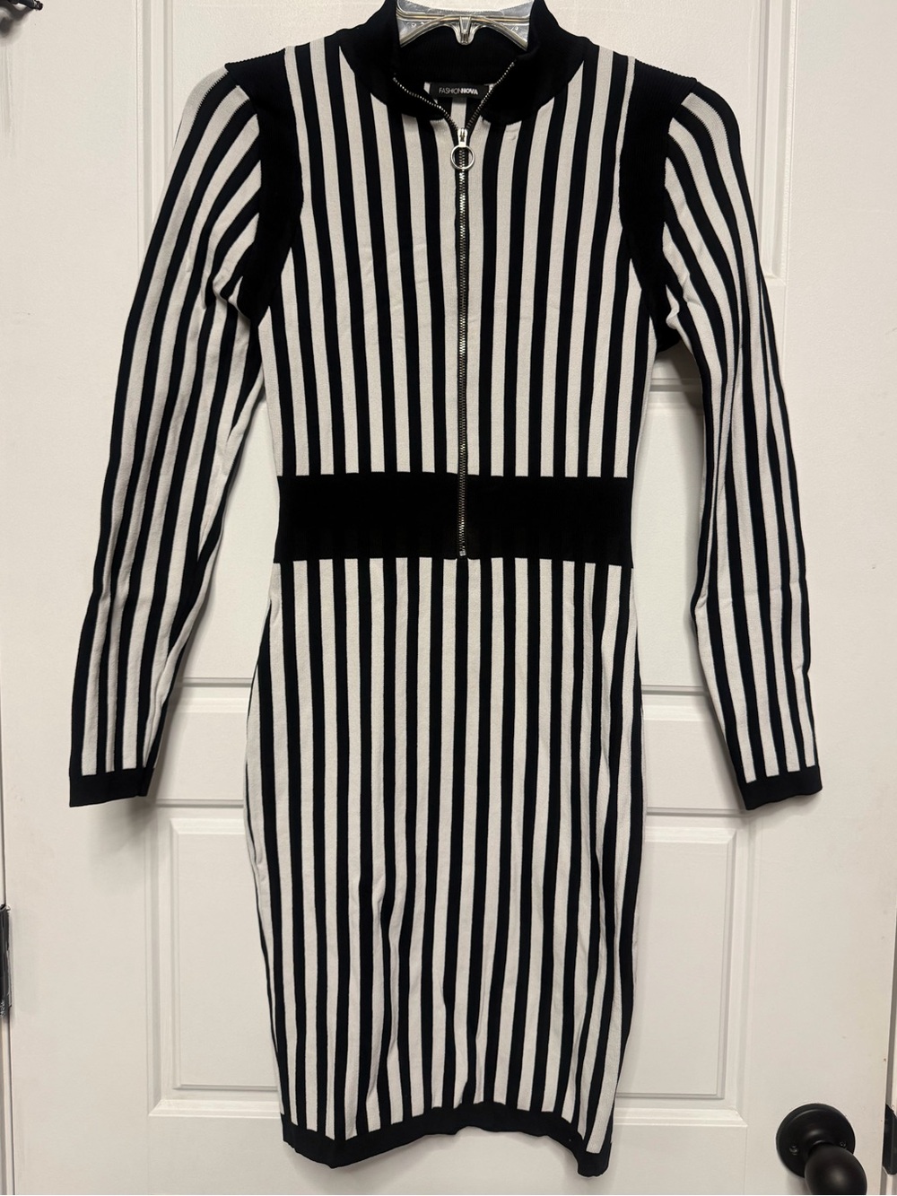 Fashion Nova vertical black and white striped knit bodycon dress